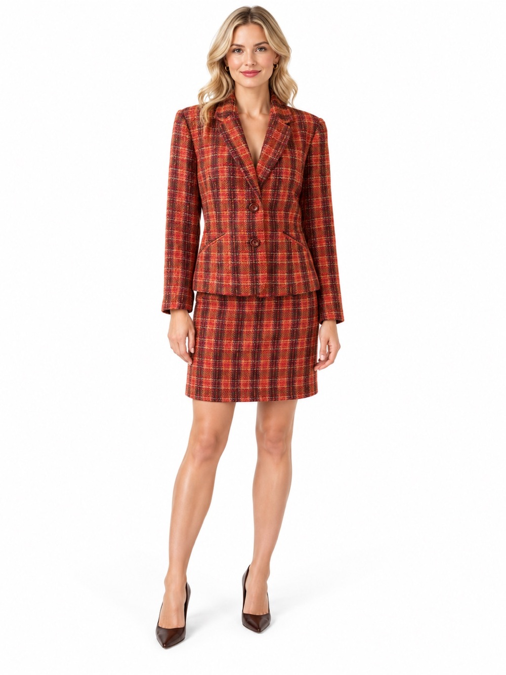 Vintage Casual Corner Autumn Plaid Colorway Tweed Wool Skirt Suit Women Size 14